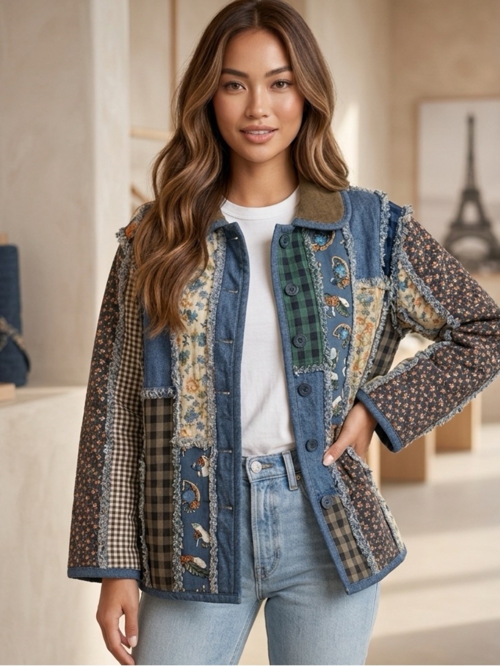 Mixed Patchwork Jacket in Blue Multi